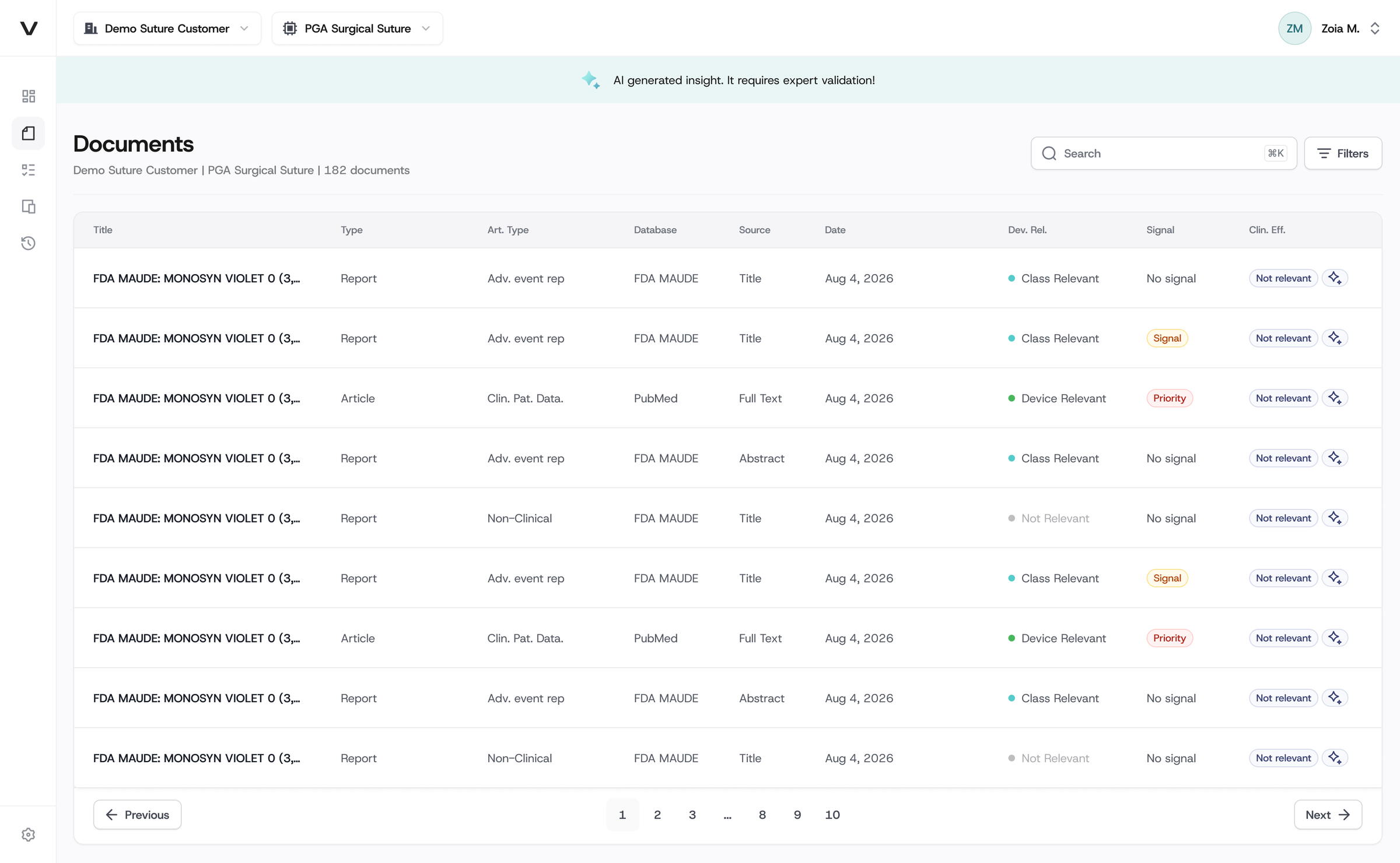 VigInfo documents list: 182 documents for a device, each row showing title, type, article type, database, source, date, device relevance, safety signal and clinical effect, with search and filters.